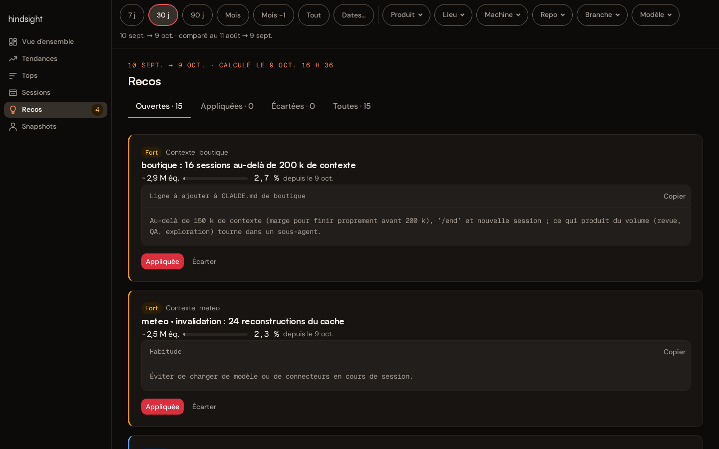 Liste des recommandations d’hindsight, classées par gain attendu.